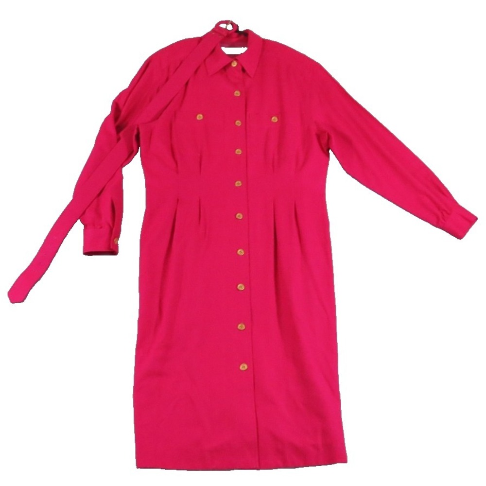 VTG Liz Claiborne‎ Dress Women 12 Hot Pink Silk Shirt Dress Long Sleeve Midi 80s